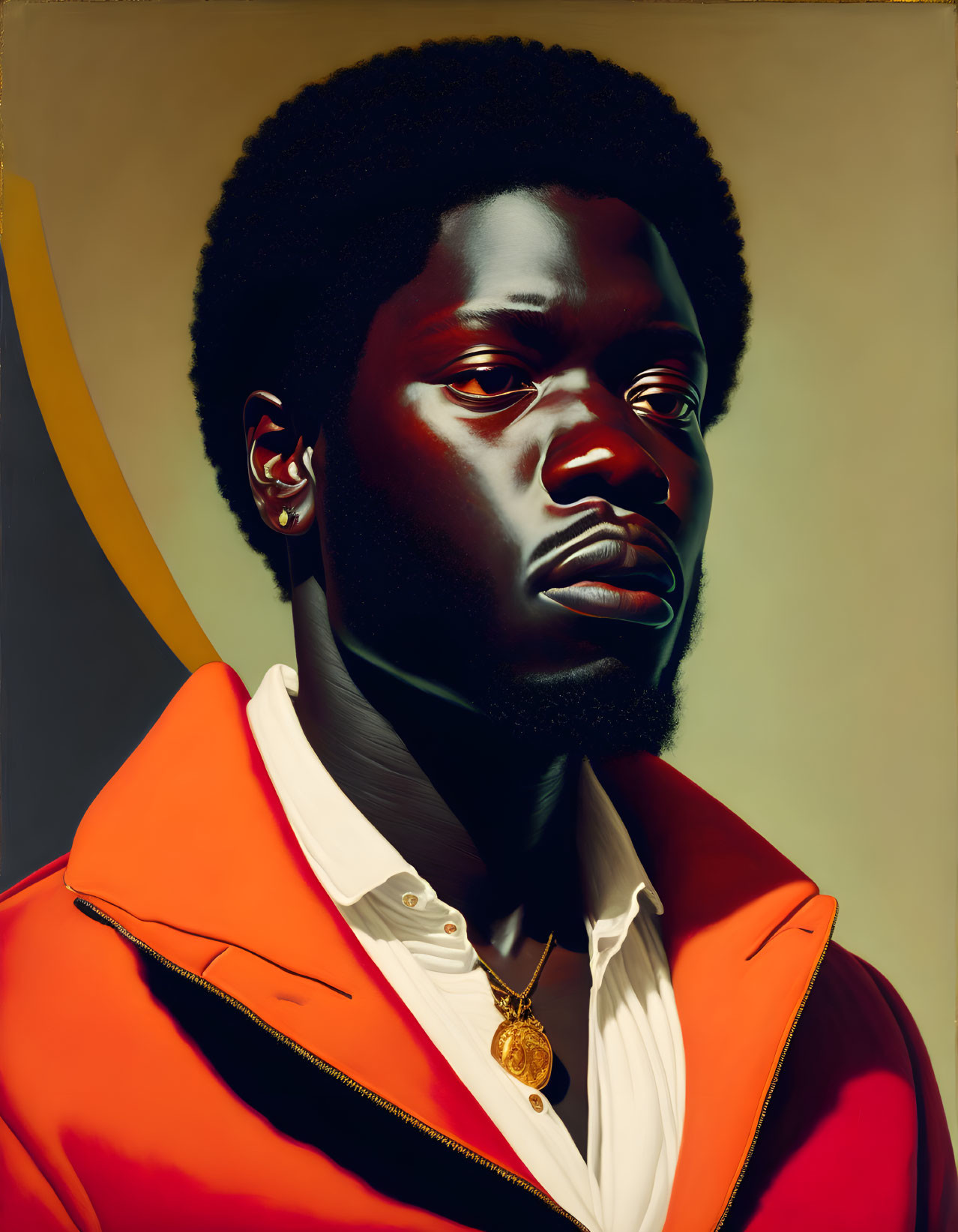 Striking digital portrait of man with Afro hairstyle and orange jacket