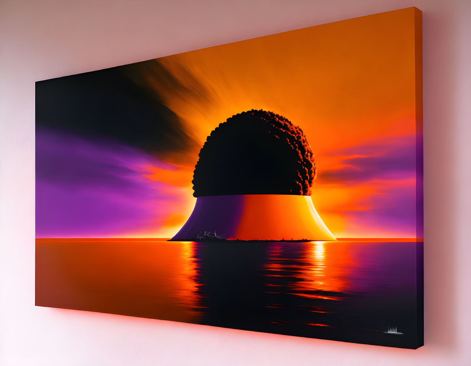 Surreal sunset canvas art with orange and purple hues over water