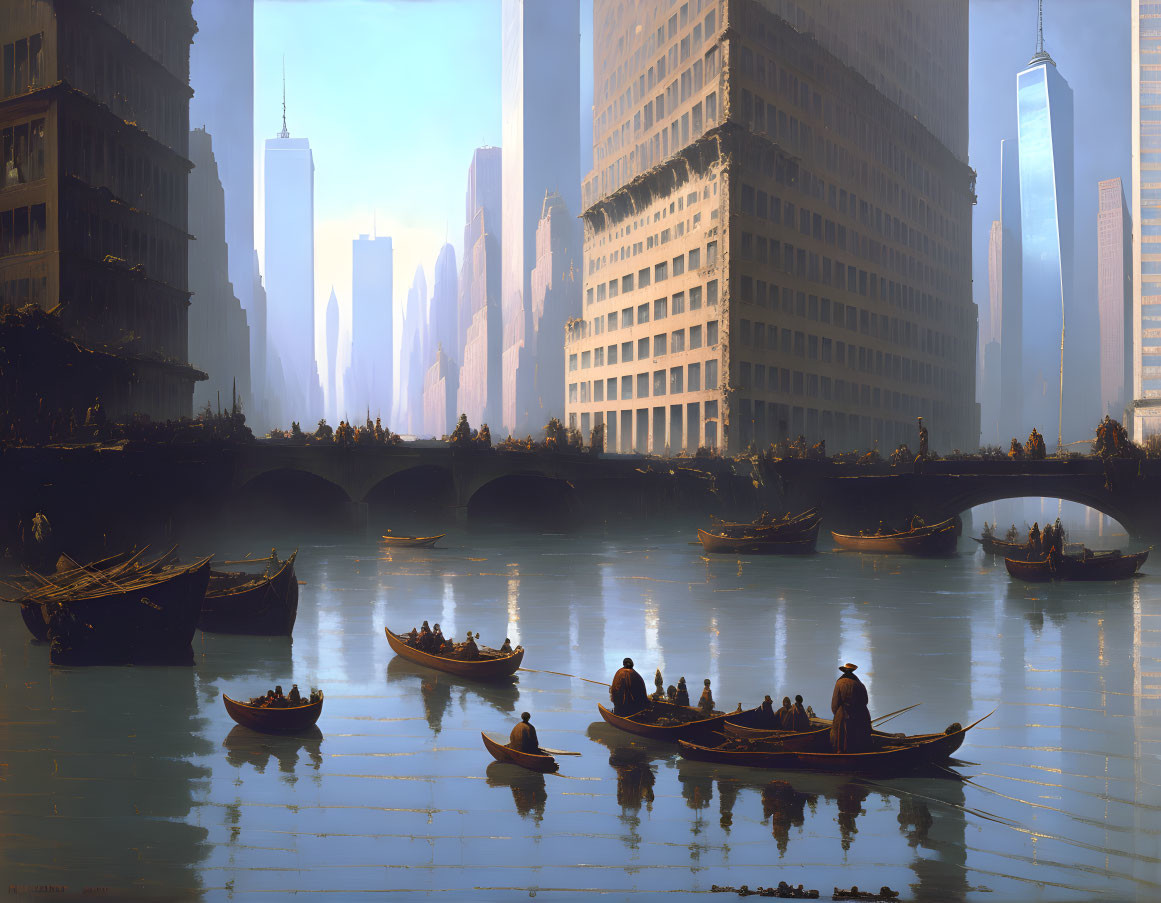 Futuristic cityscape with traditional boats on calm river under hazy blue sky