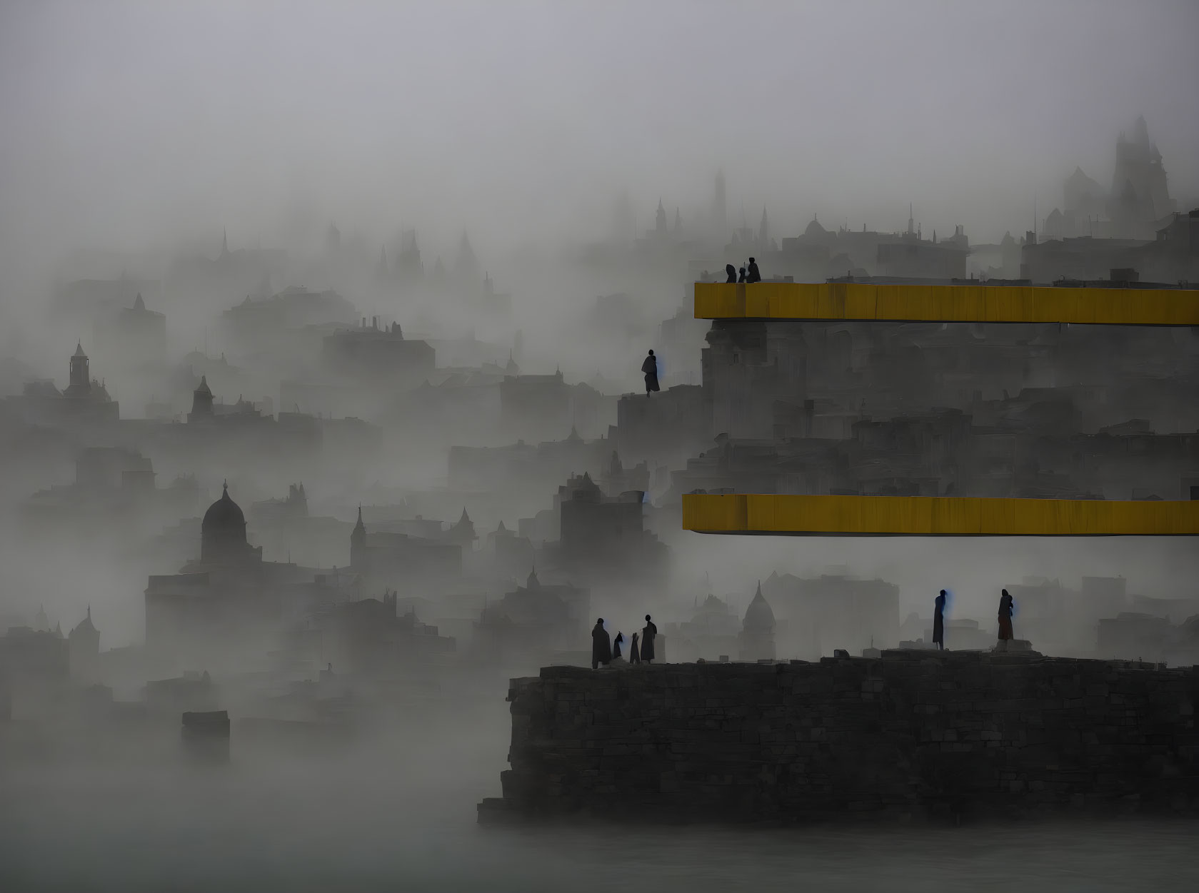 Silhouetted figures on yellow platforms in misty, tiered cityscape