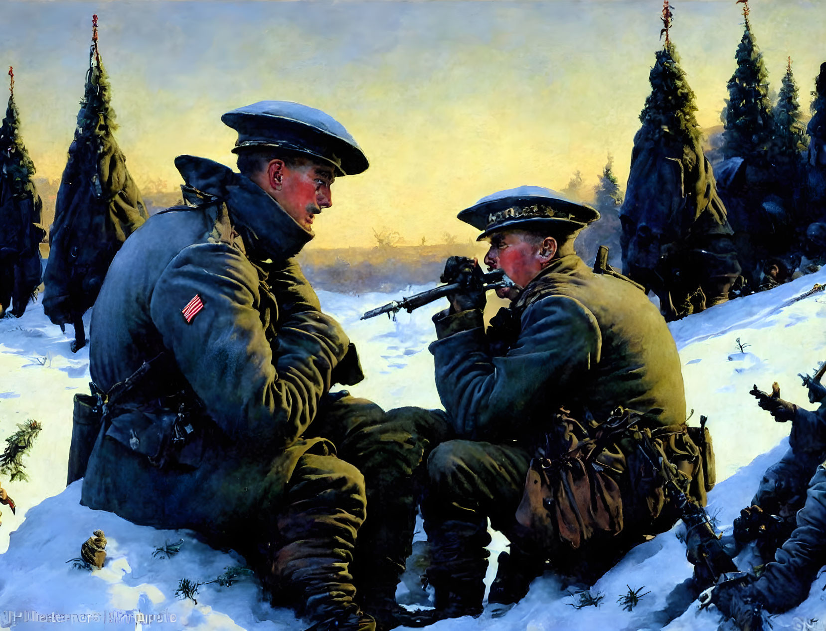 Soldiers in winter uniforms playing harmonica in snowy landscape