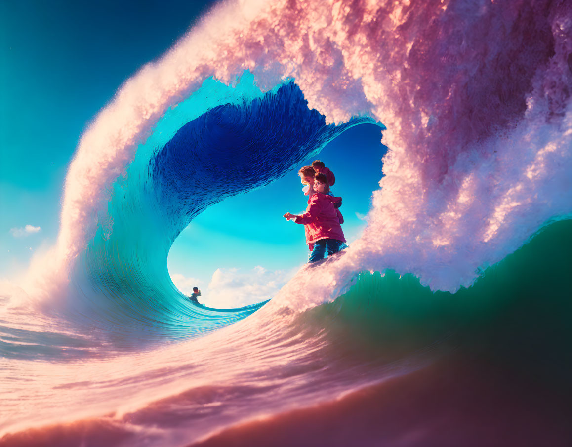 Vibrant pink and blue wave with surfer under sunlight