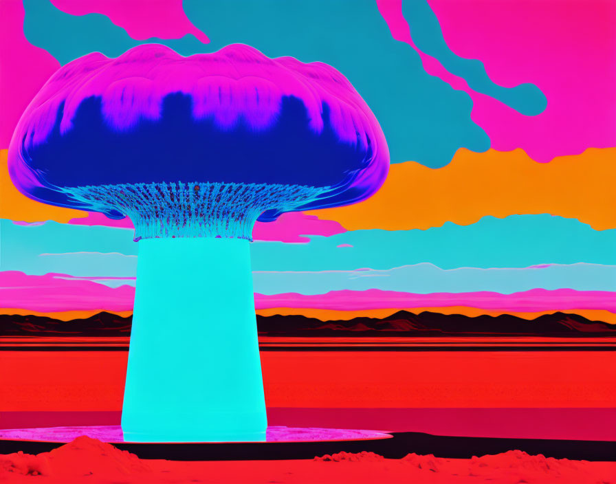 Colorful Mushroom Cloud in Surreal Landscape with Pink Sky