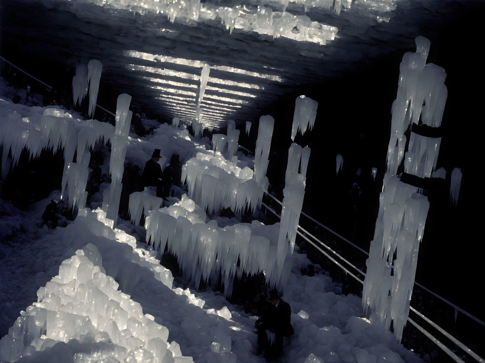 Chilly cavern with hanging icicles and filtered light