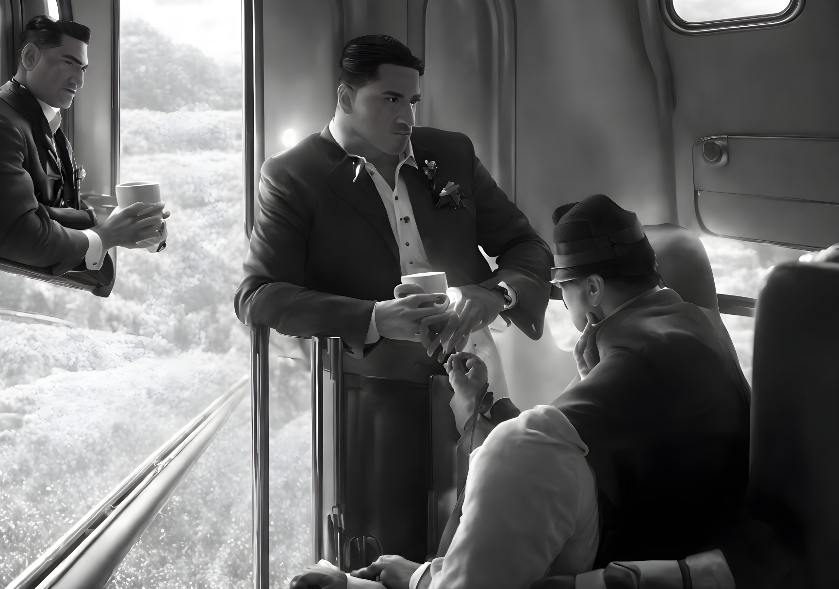 Vintage attired men on train in monochrome setting