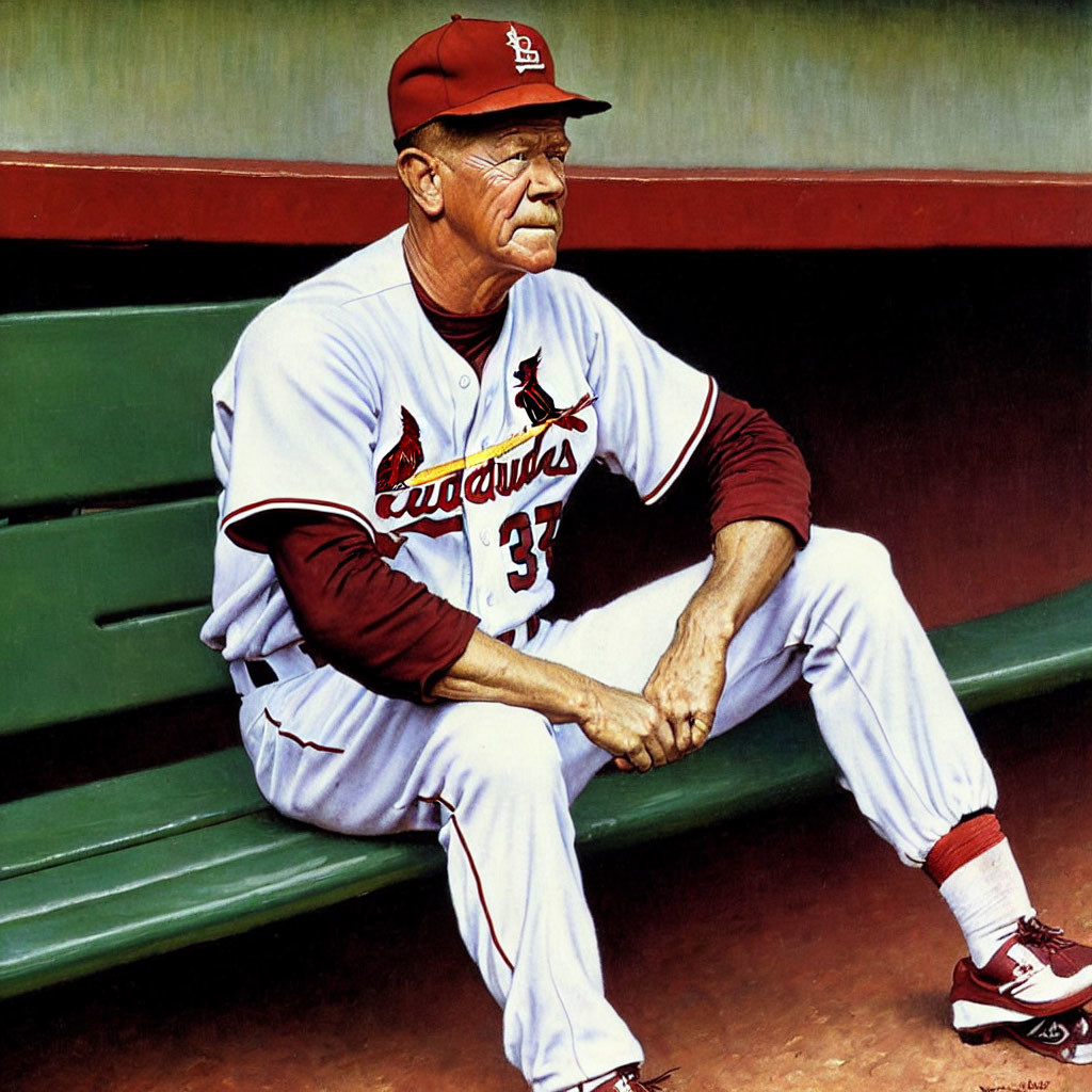 Man in Cardinals Baseball Uniform Sitting on Bench with Crossed Arms