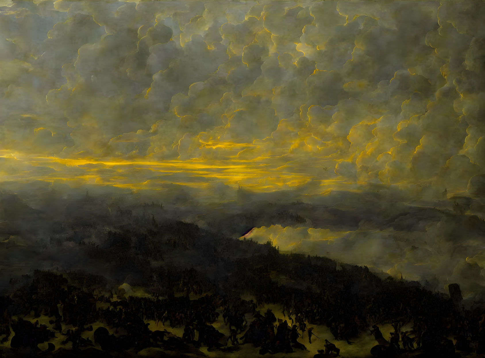 Dusk landscape with dark clouds and sunset glow on hills