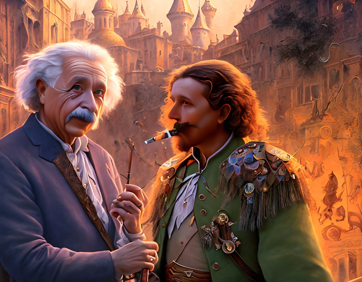 Illustration of two historical male figures in fantasy cityscape with warm tones