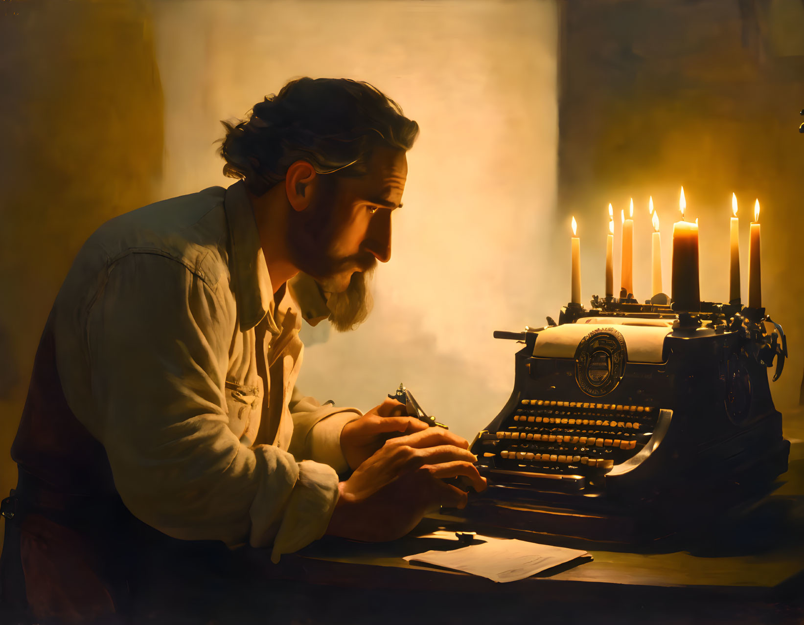 Bearded man typing on vintage typewriter by candlelight