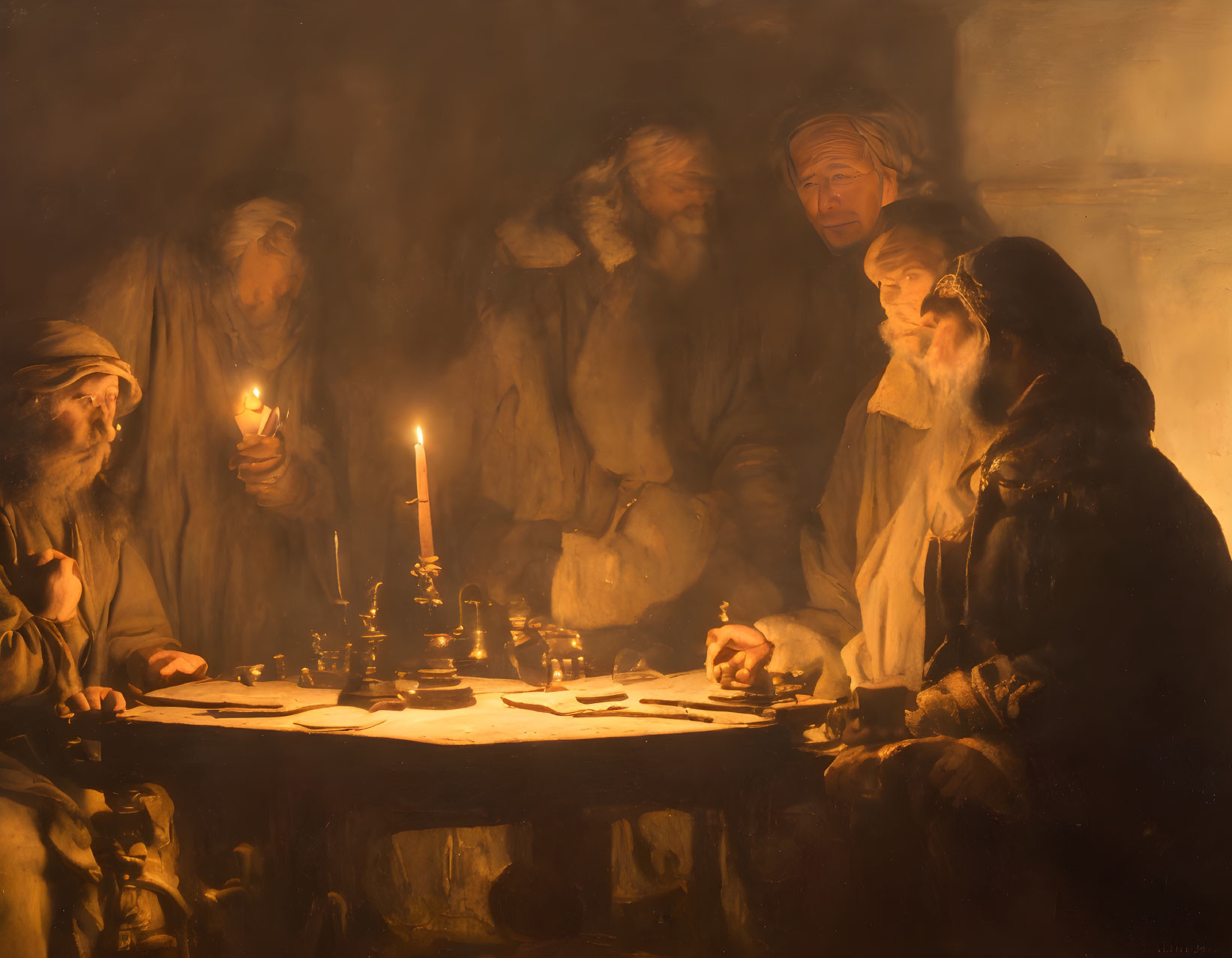 Group of Old Men Gathered Around Candle-Lit Table in Dimly Lit Room