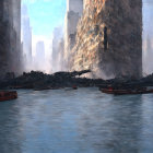 Futuristic cityscape with traditional boats on calm river under hazy blue sky