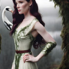 Fantasy-inspired woman with swan in misty forest