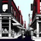 Urban street scene illustration with red buildings, black & white tones, pedestrians.