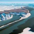 Glacial landscape with melting ice cap and floating icebergs