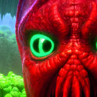 Red Textured Creature with Glowing Green Eyes in Underwater Setting