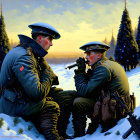 Soldiers in winter uniforms playing harmonica in snowy landscape