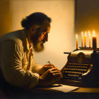 Bearded man typing on vintage typewriter by candlelight