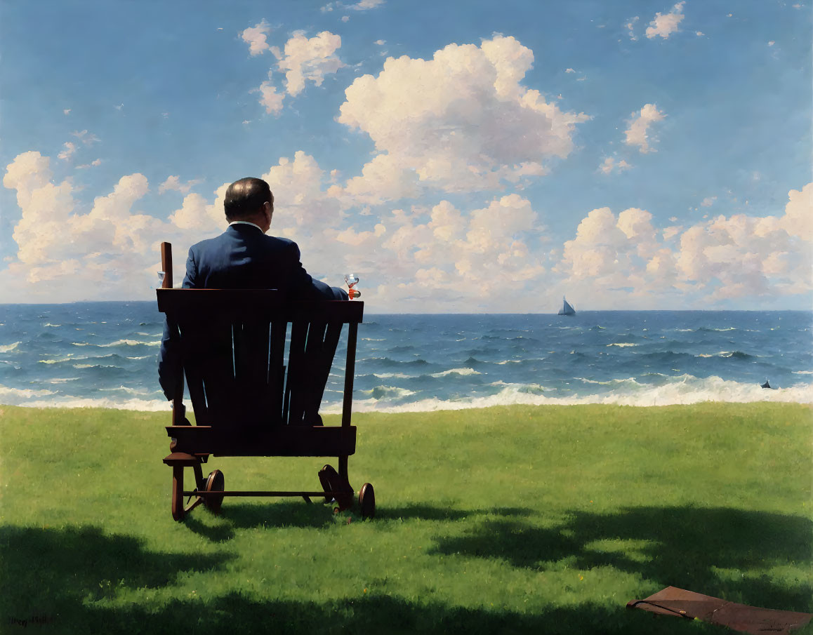 Man sitting in wooden chair by the sea with sailboat and cloudy sky