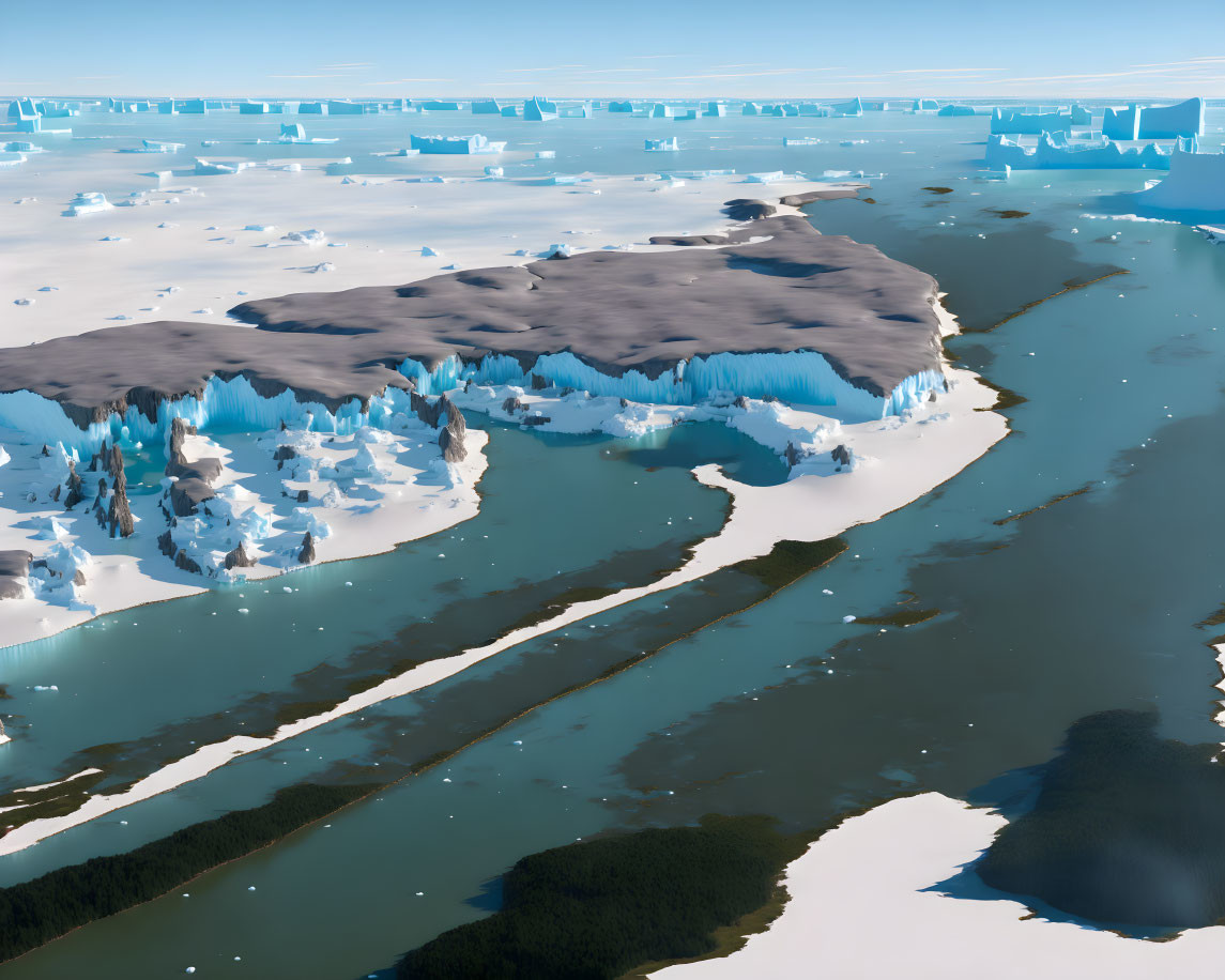 Glacial landscape with melting ice cap and floating icebergs