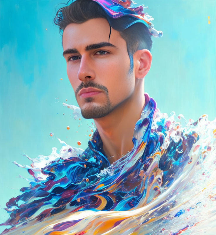 Colorful Stylized Portrait of Man with Beard and Paint Splash Scarf