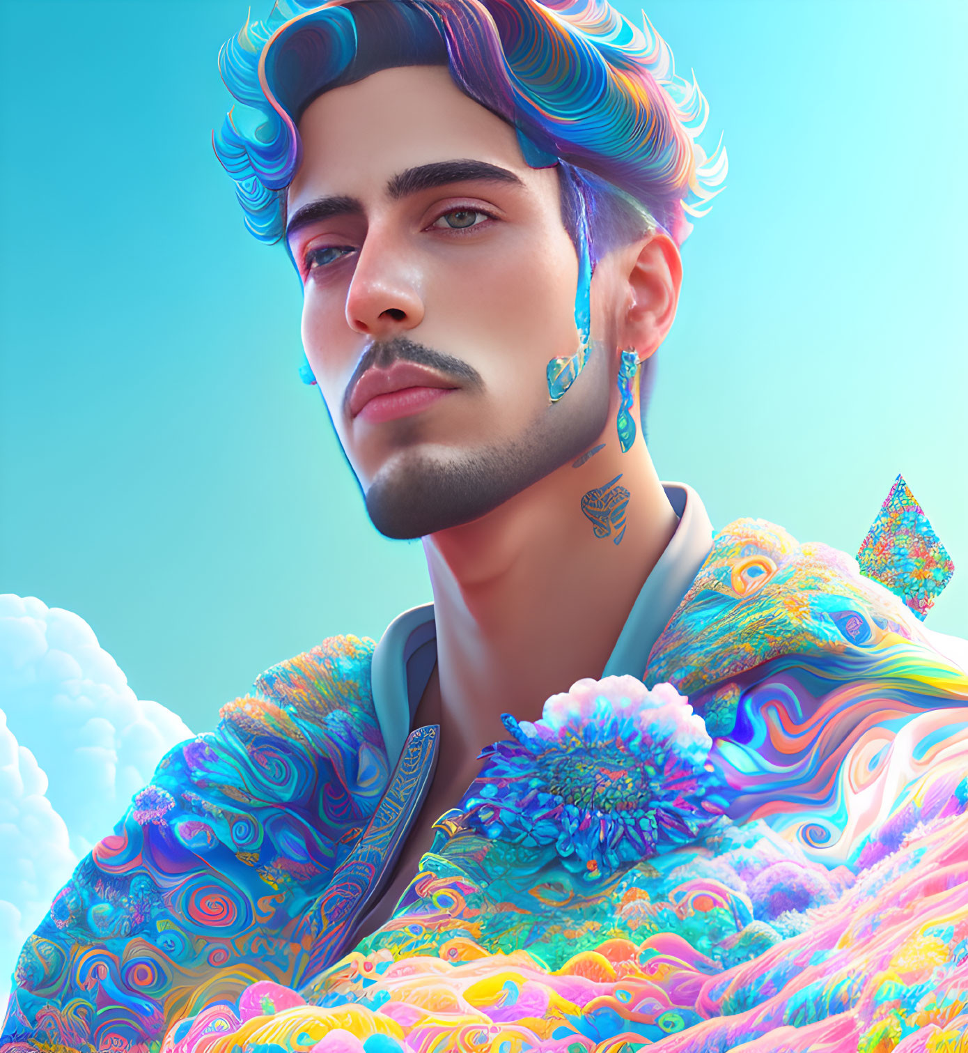 Vibrant blue hair man digital portrait with colorful jacket