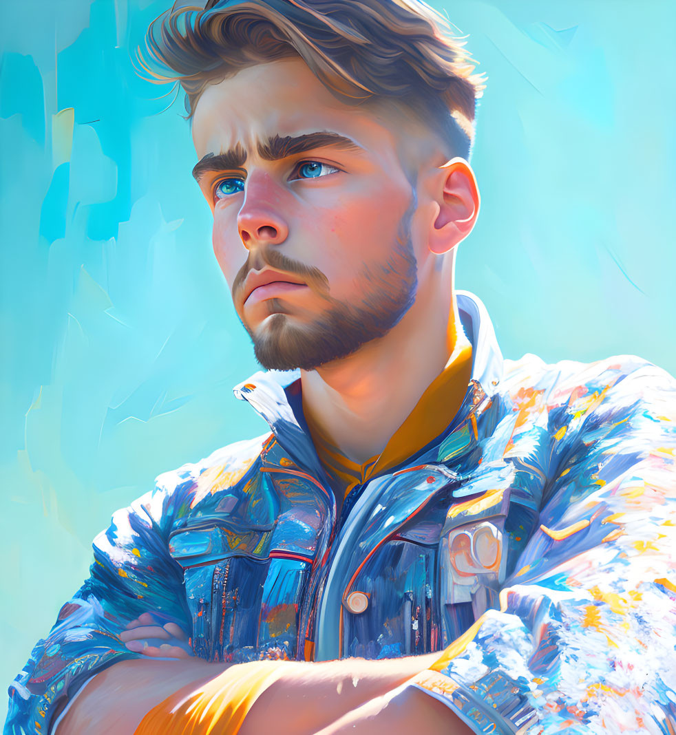 Young man with beard in cool blue tones and abstract elements.