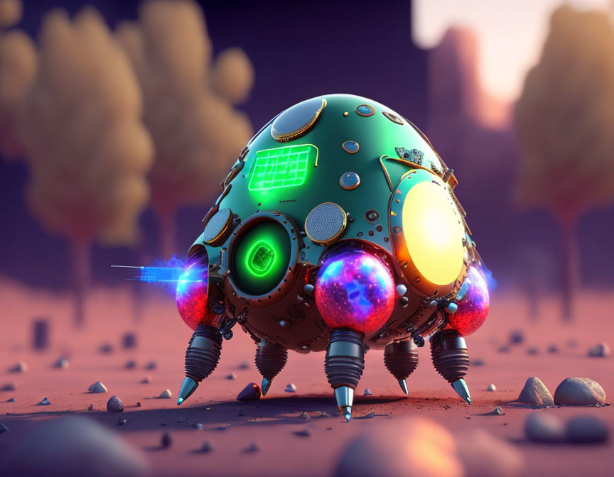 Colorful spherical robot with lights on rocky alien landscape at dusk