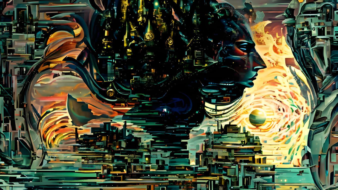 Abstract digital artwork: Chaotic arrangement of warm and cool tones in distorted cityscape.