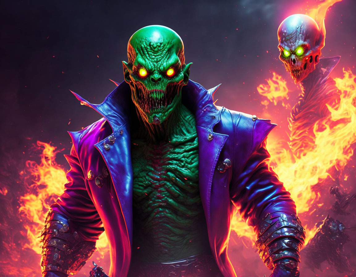 Green-skinned creature with red eyes and skull in flames.