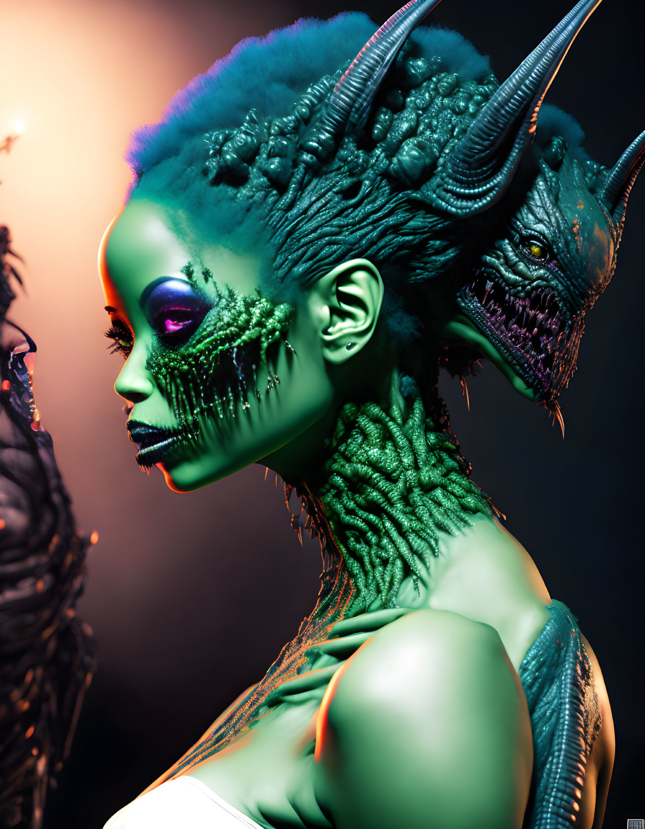 Fantasy humanoid with green skin, black horns, reptilian and plant-like textures