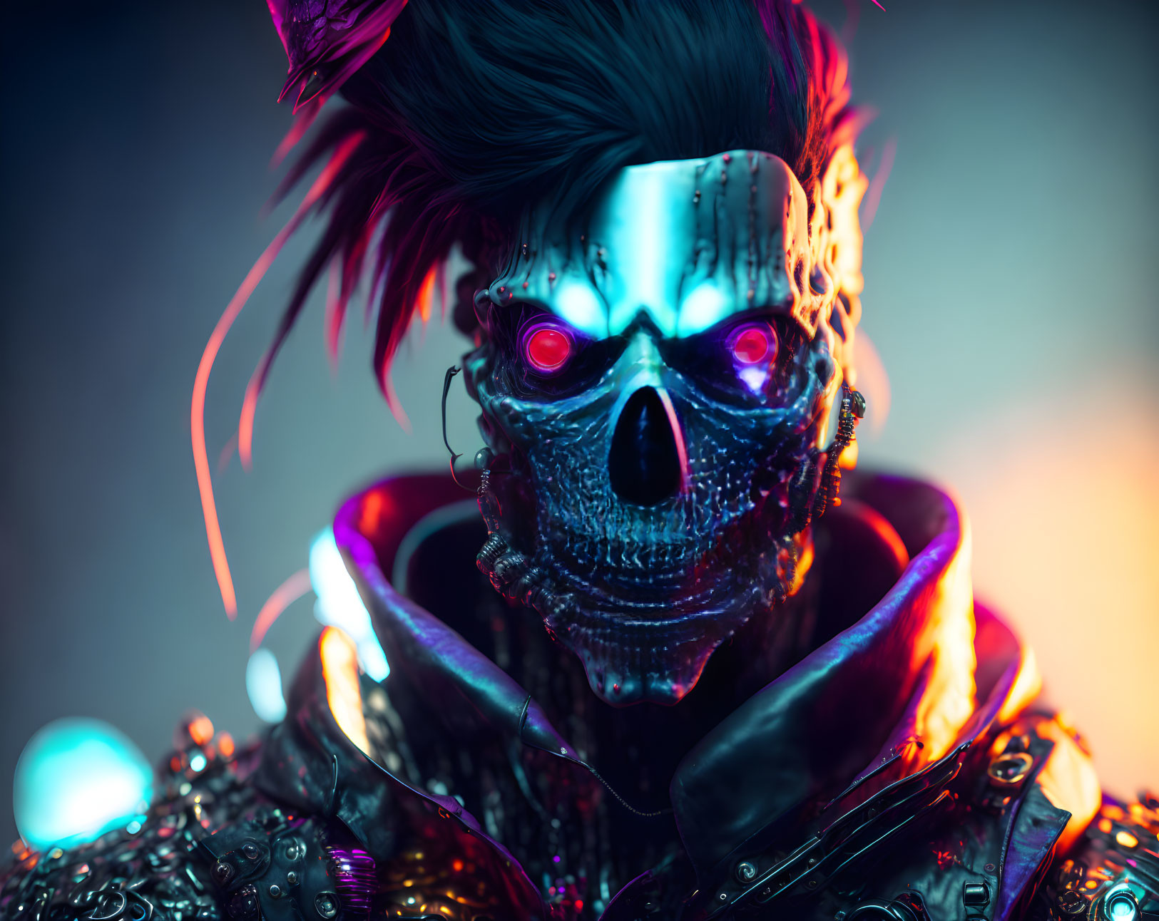 Cybernetic skull with glowing red eyes and metallic adornments on colorful background