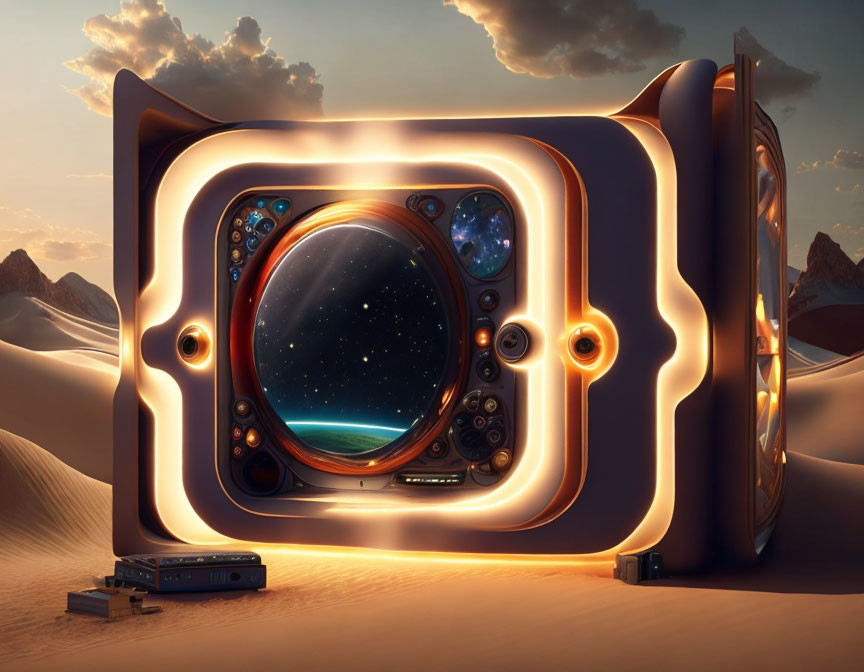 Vintage television in desert with cosmic scene and melting frame shapes