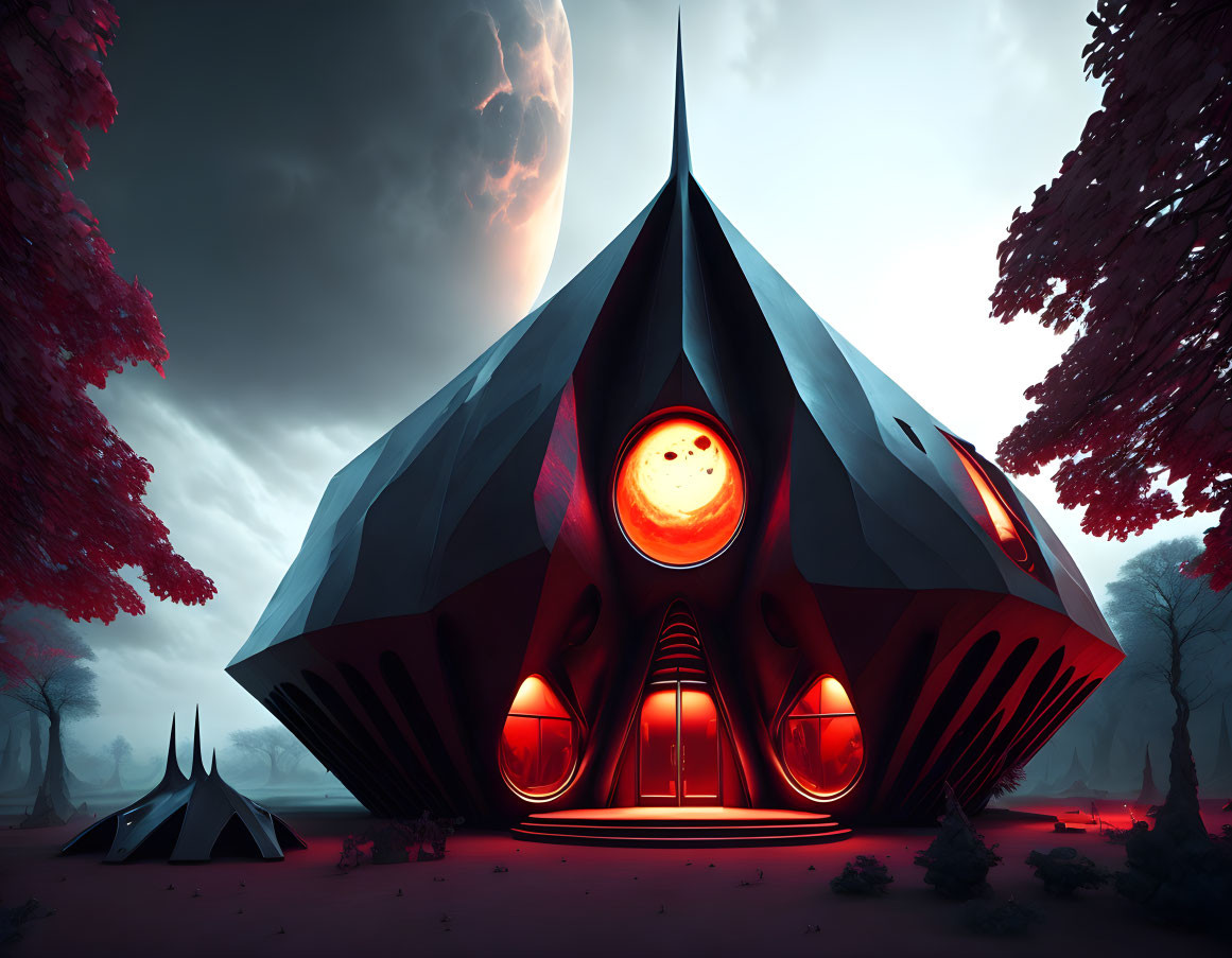 Futuristic pointed building in mysterious forest with red foliage.