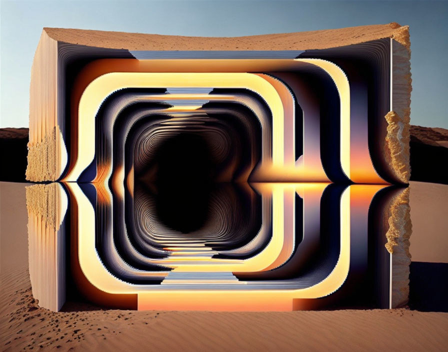 Surreal desert landscape with massive layered cubic hole