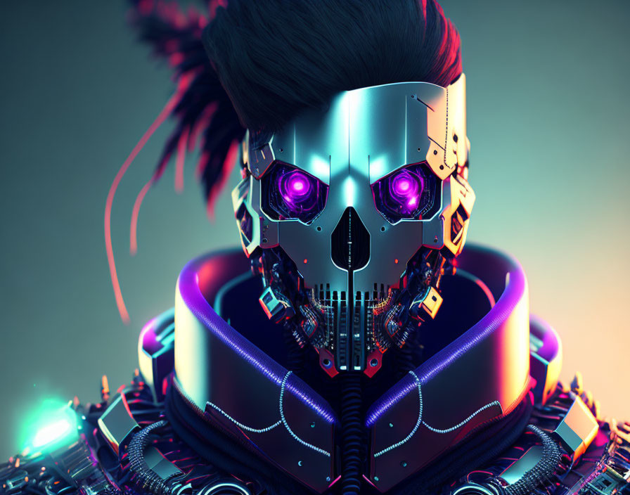 Futuristic robotic head with purple glowing eyes on gradient background