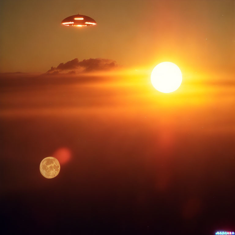 Vibrant sunset with UFO, sun, and moon in sky