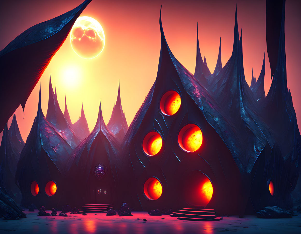 Alien landscape with spiky structures, orbs, and large moon