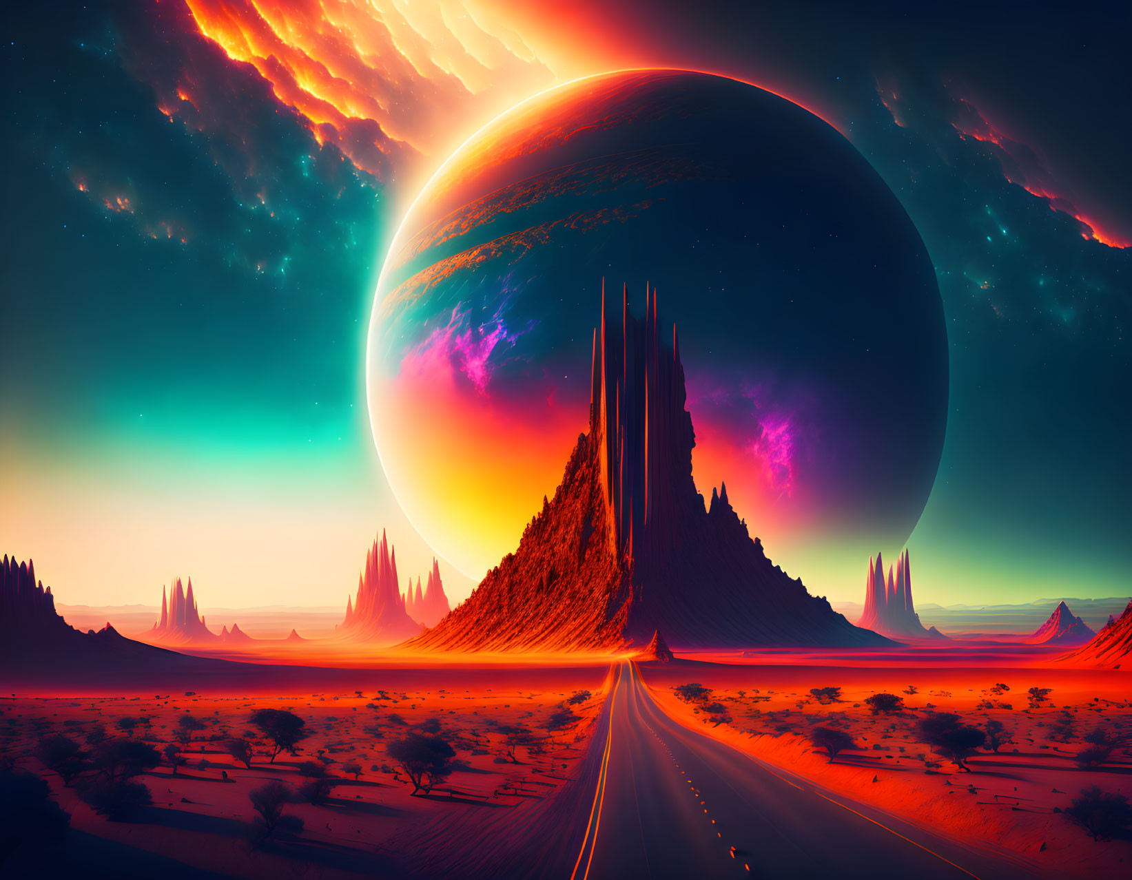 Sci-fi landscape: Foreign planet in sky, desert with rock formations, long road.