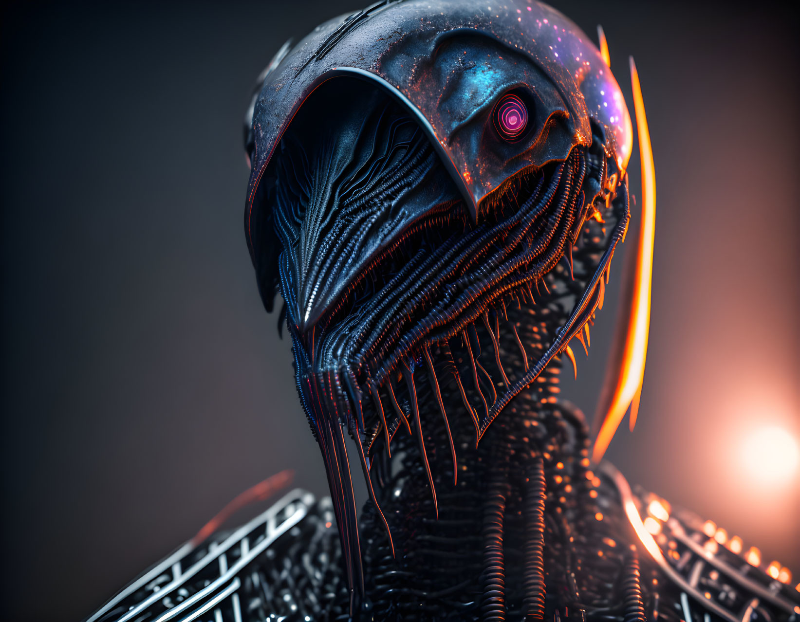 Close-up Biomechanical Alien Head with Shiny Exoskeleton