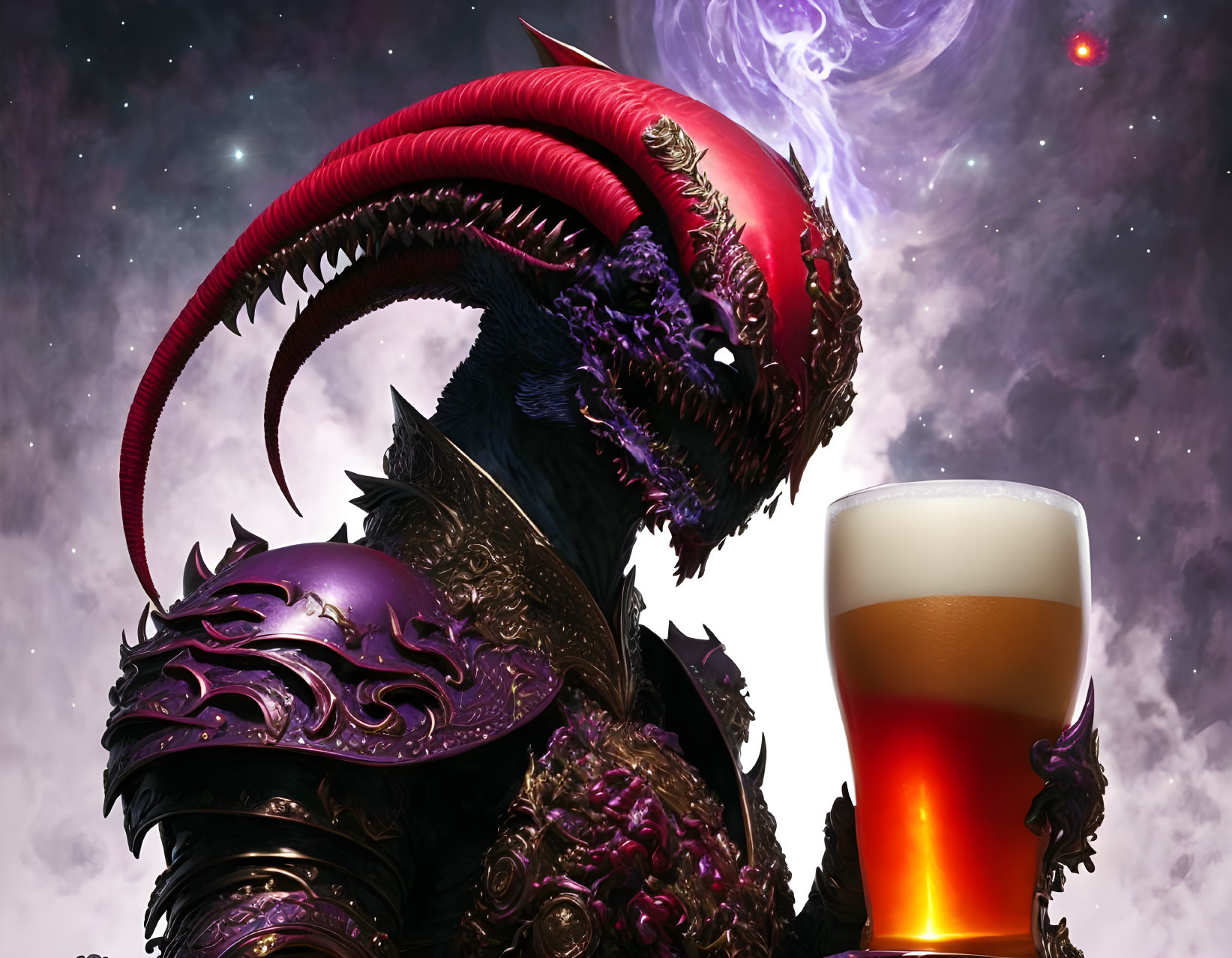 Armored dragon-like creature with beer in cosmic setting