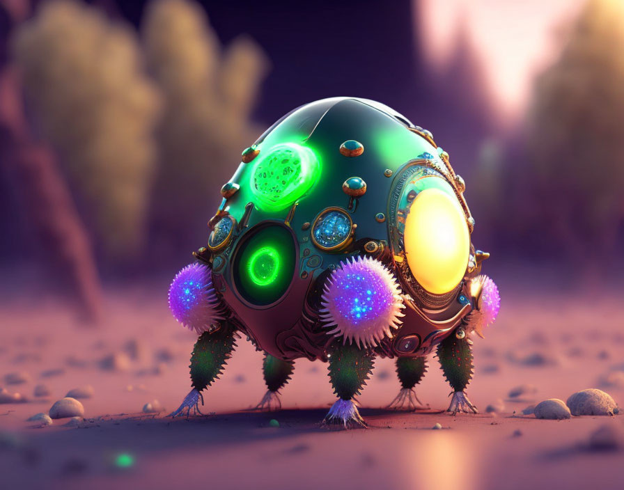 Round robotic creature with glowing orbs on spiky legs in alien landscape