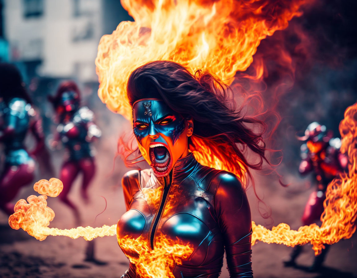 Superhero in fiery costume breathing fire against dramatic backdrop