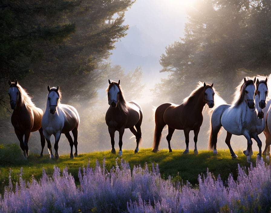 Herd of horses in field with purple flowers at sunrise or sunset