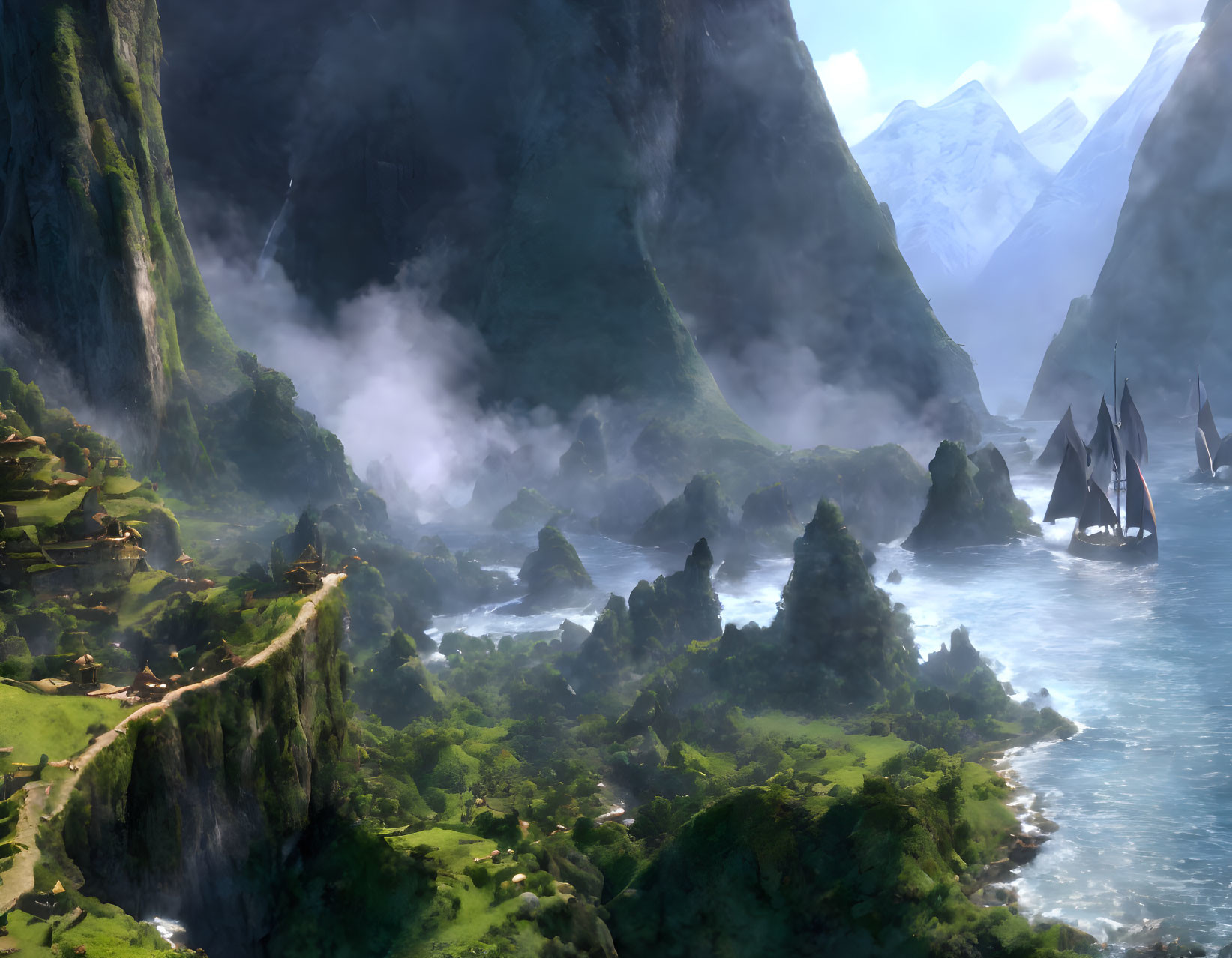 Fantasy coastal landscape with cliffs, misty valley, sailboats, and mountains