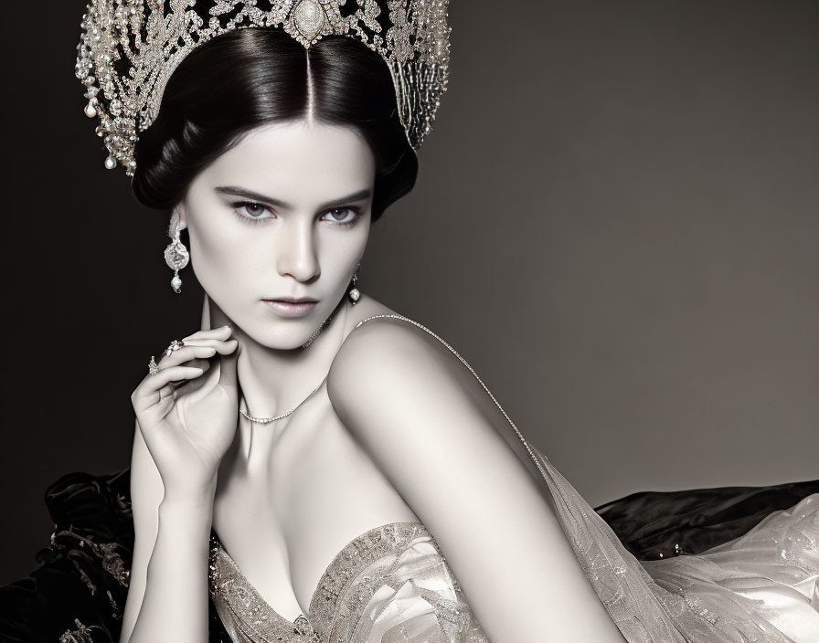 Dark-haired woman in ornate headdress and elegant jewelry against dark backdrop