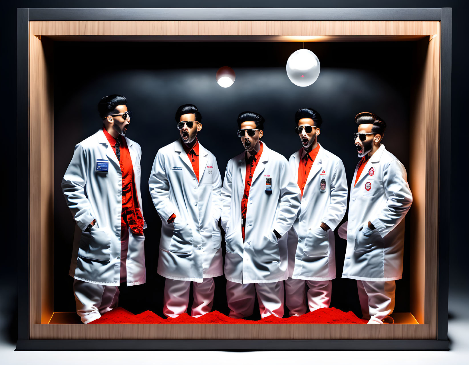 Five male figures in lab coats and sunglasses in framed box with orbs on dark backdrop