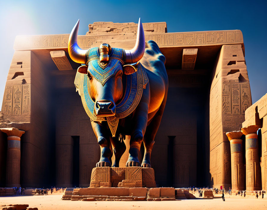 Gigantic blue bull statue with hieroglyphics at Egyptian temple