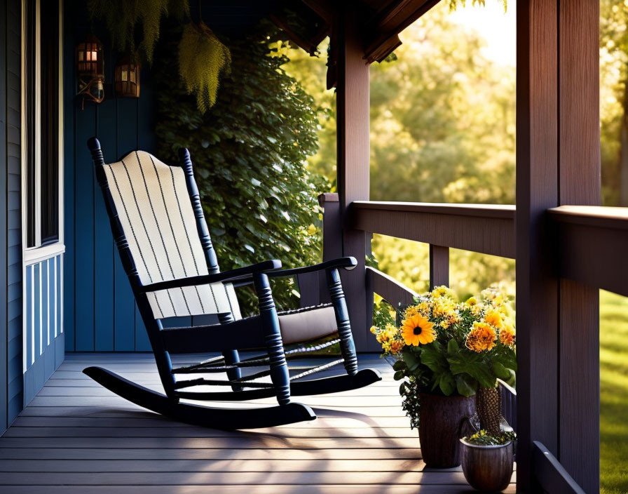 Tranquil porch with rocking chair, potted plants, wooden railing & hanging plant