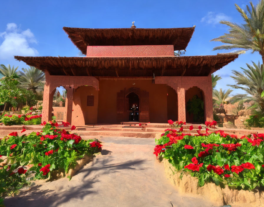 Adobe building with thatched roof, palm trees, red flowers, blue sky