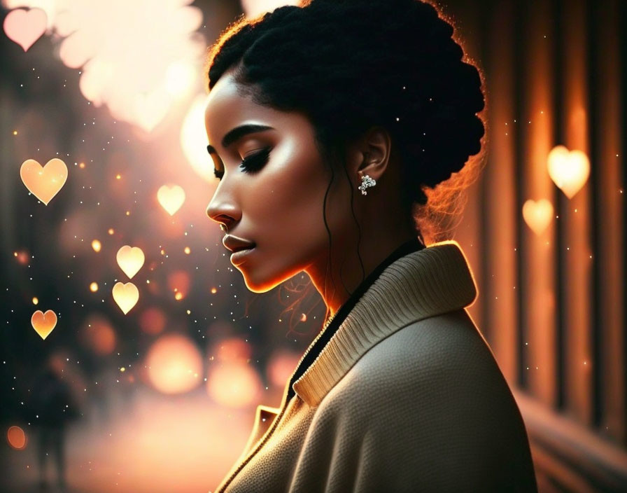 Woman with styled hair and coat, wearing earrings against heart-shaped bokeh.